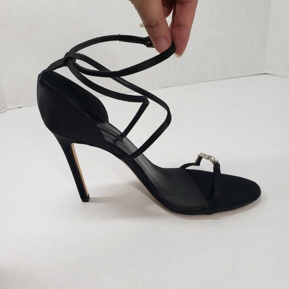 Sergio Rossi Sandals Womens 9.5 Black Satin Crystal Strappy Stiletto Heel Party - Picture 10 of 16
